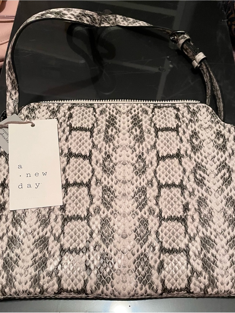 a new day Snake-Print Crossbody Bag in Taupe and Black